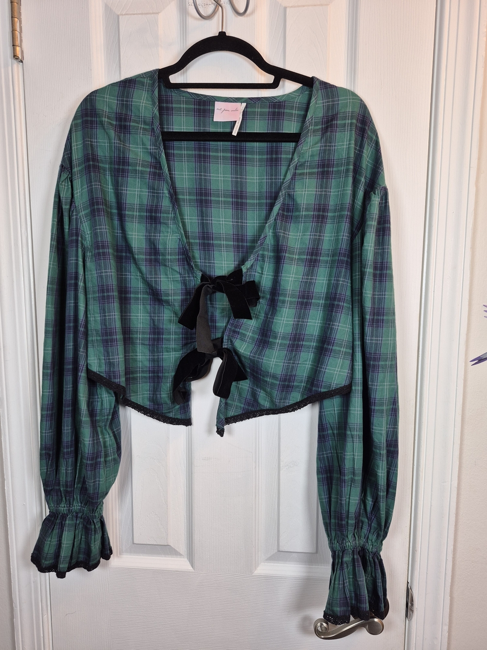Urban Outfitters Out From Under Charlotte Bow Blouse Flannel Green Plaid L